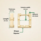 Square Hoop Earrings 14K Solid Gold | Geometric Ribbed Huggies 4.5 mm Thick 14 mm Square Gold Earrings for Women