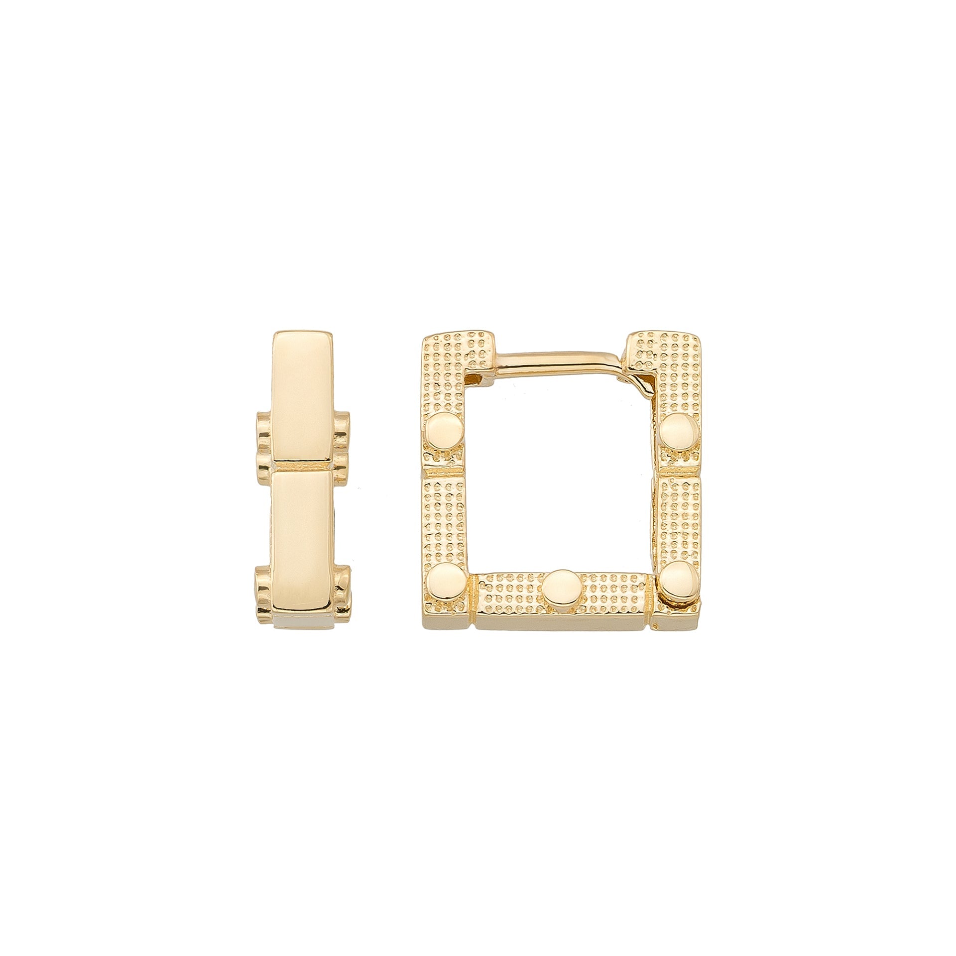 Square Hoop Earrings 14K Solid Gold | Geometric Ribbed Huggies 4.5 mm Thick 14 mm Square Gold Earrings for Women