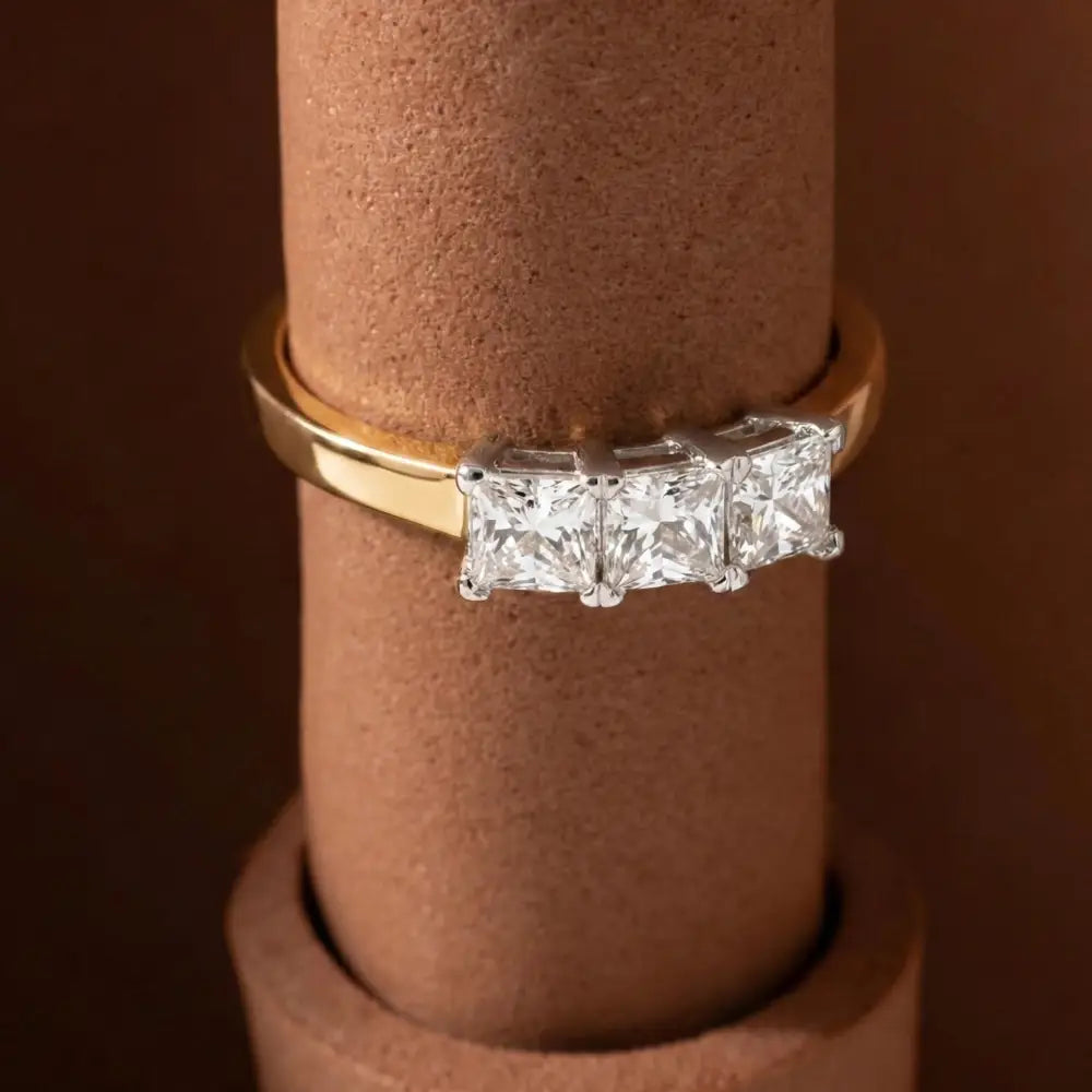 Three Diamond Ring Square Princess Cuts in Gold Setting Elegant Bridal & Engagement Ring