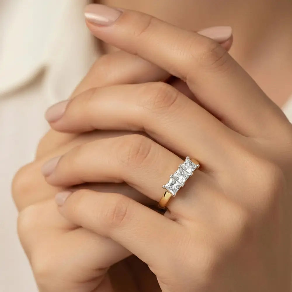 Three Diamond Ring Square Princess Cuts in Gold Setting Elegant Bridal & Engagement Ring