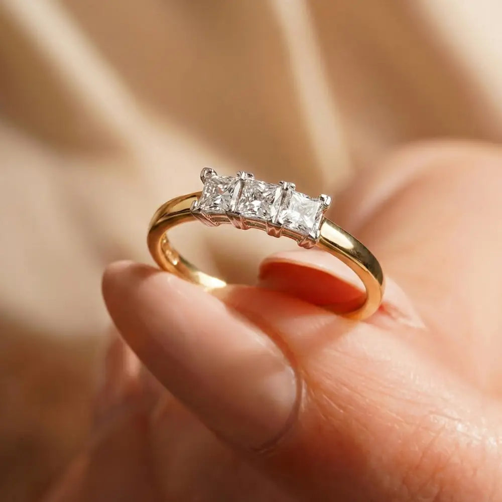 Three Diamond Ring Square Princess Cuts in Gold Setting Elegant Bridal & Engagement Ring