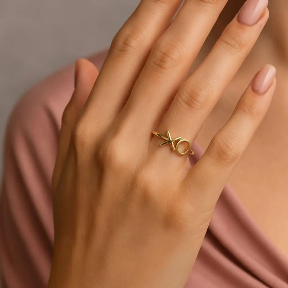 XO Ring 14K Solid Gold Band Xoxo Hugs Kisses Minimalist Stackable Rings